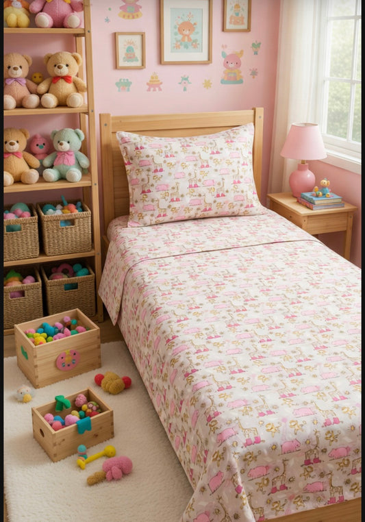Children's bedroom with a bed, toys, and shelves.