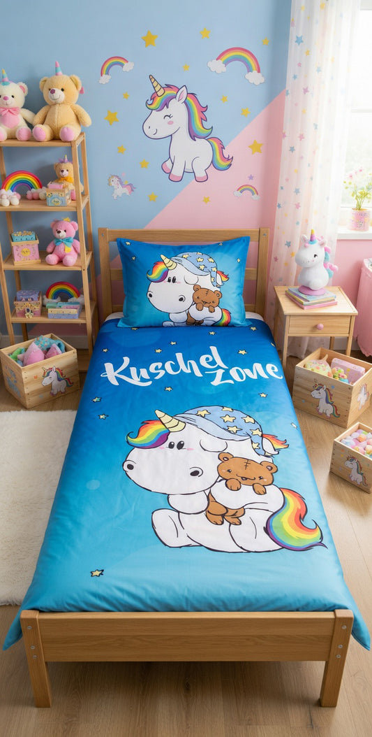 Children's room with a bed featuring a unicorn and teddy bear design, surrounded by toys and decor.