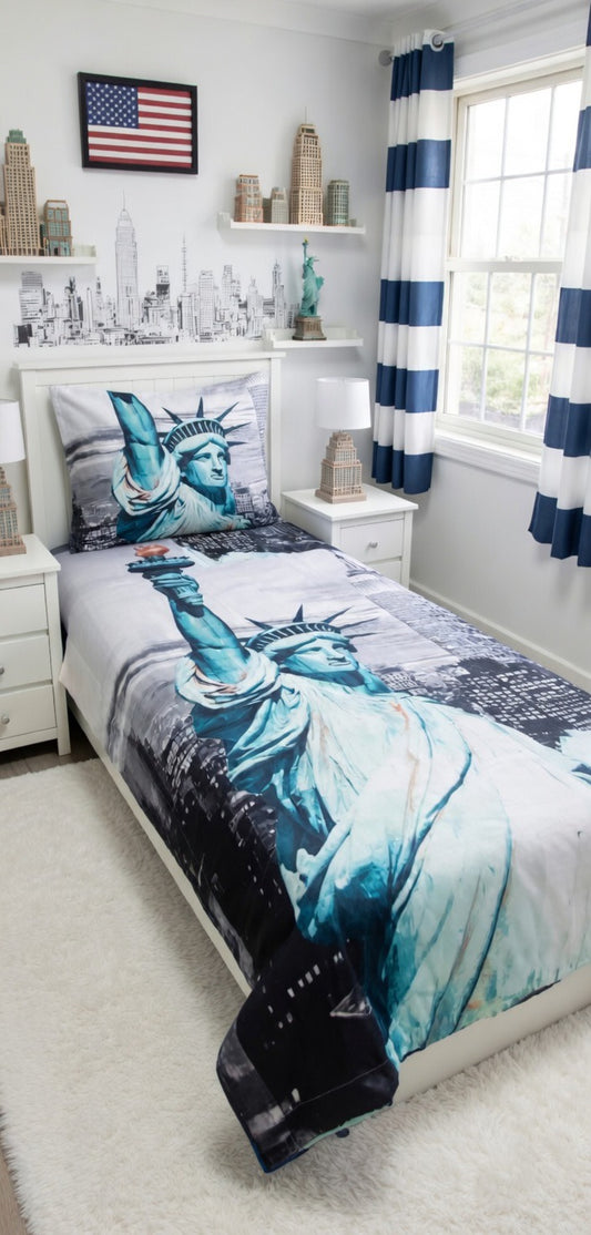 Bedroom with Statue of Liberty-themed bedding and decor