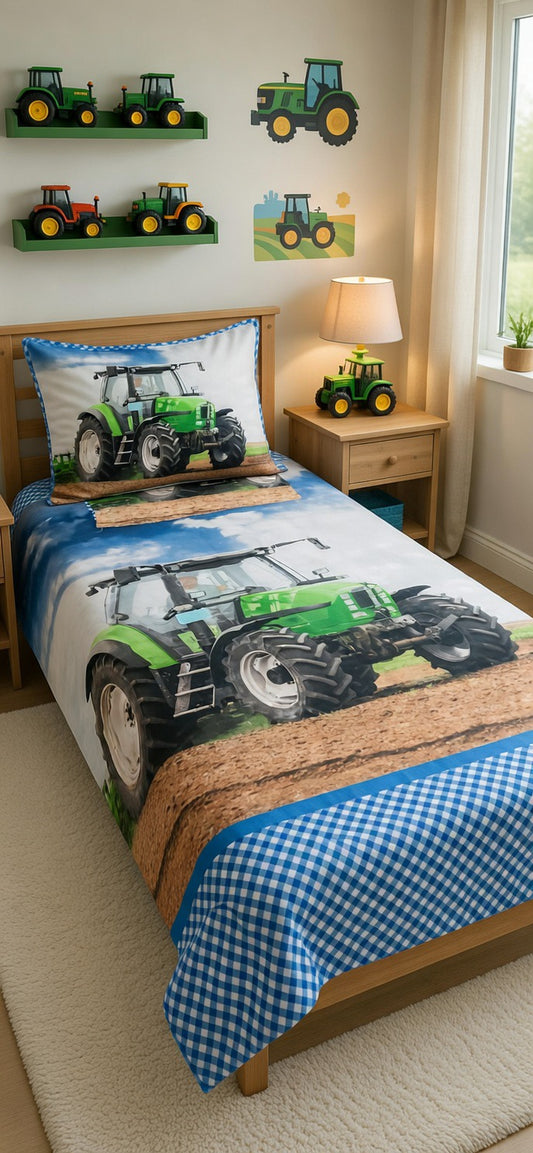 Bedroom with tractor-themed bedding and decor
