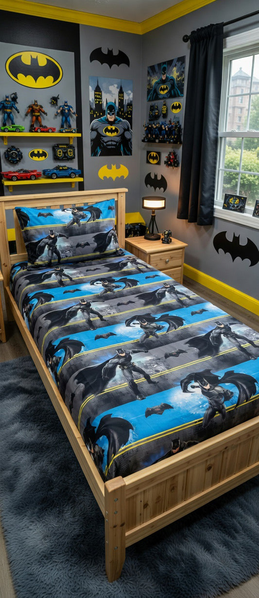 Batman-themed bedroom with bed, shelves, and decor.
