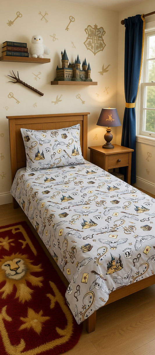 Bedroom with a twin bed featuring Harry Potter-themed bedding, nightstand, and decorative items.