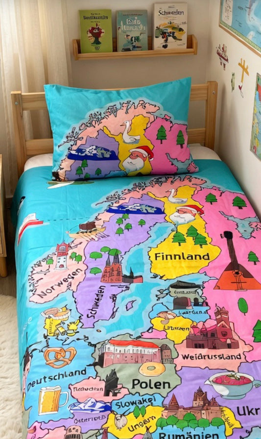 Children's bedspread with a map design of Europe, featuring countries and landmarks, on a bed in a room with books and a curtain.