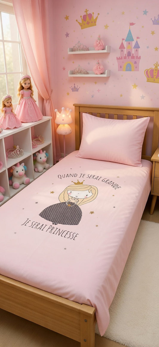 Children's bedroom with pink bedding and princess-themed decor