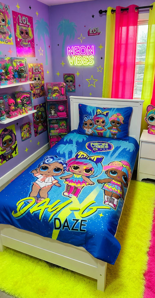 Bedroom with 'L.O.L.' themed bedding and decor, including a neon sign and colorful curtains.