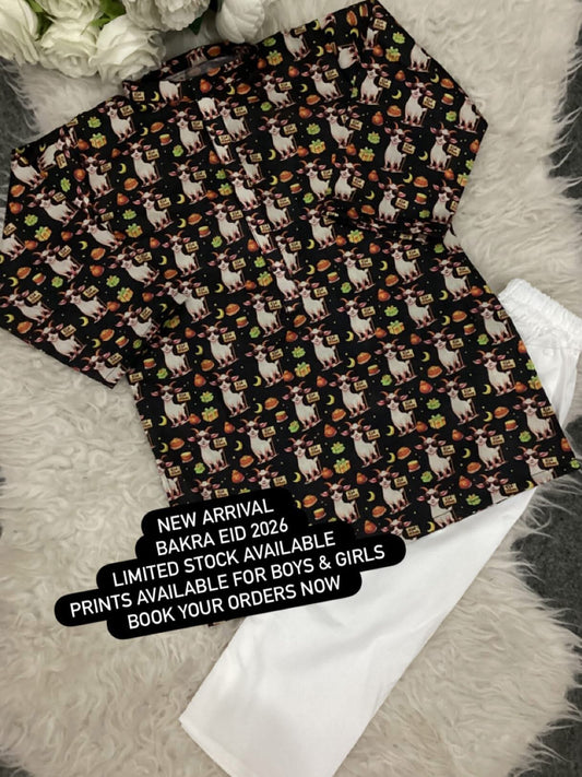 Kids Bakra Eid Collection 2026: Kids Boys 2 Piece Bakra print Lawn Suit with Trouser