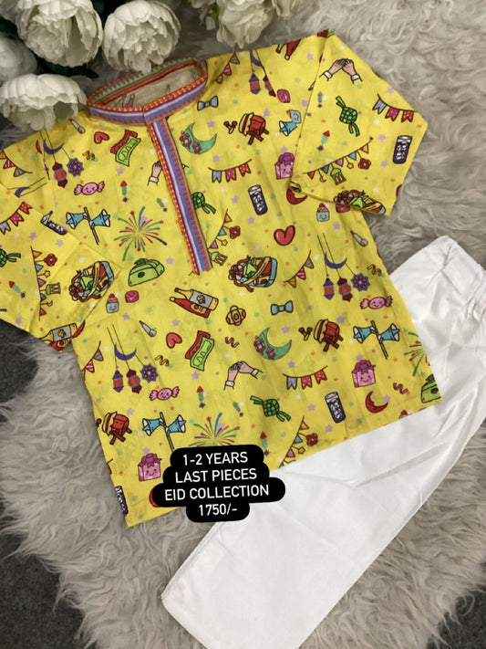 Kids Bakra Eid Collection 2026: Kids Boys 2 Piece Bakra print Lawn Suit with Trouser