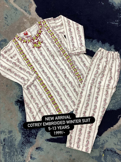 Kids Girls Affordable Baby Outfits –- Winter Warm Branded 2 Piece Embroided Shirt with Trouser