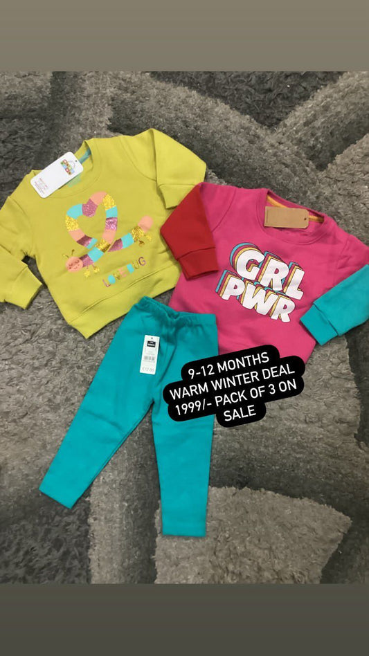 Kids Infant Girls Winter Gala Sale 9-12 Months Pack of 3: 2 Fleece Warm Shirts with One Tights