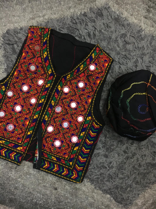 Kids Girls Boys Eid Collection 2024 Summer Balochi Waistcoat Stones Work Embroided with Cap 12-13 Inch