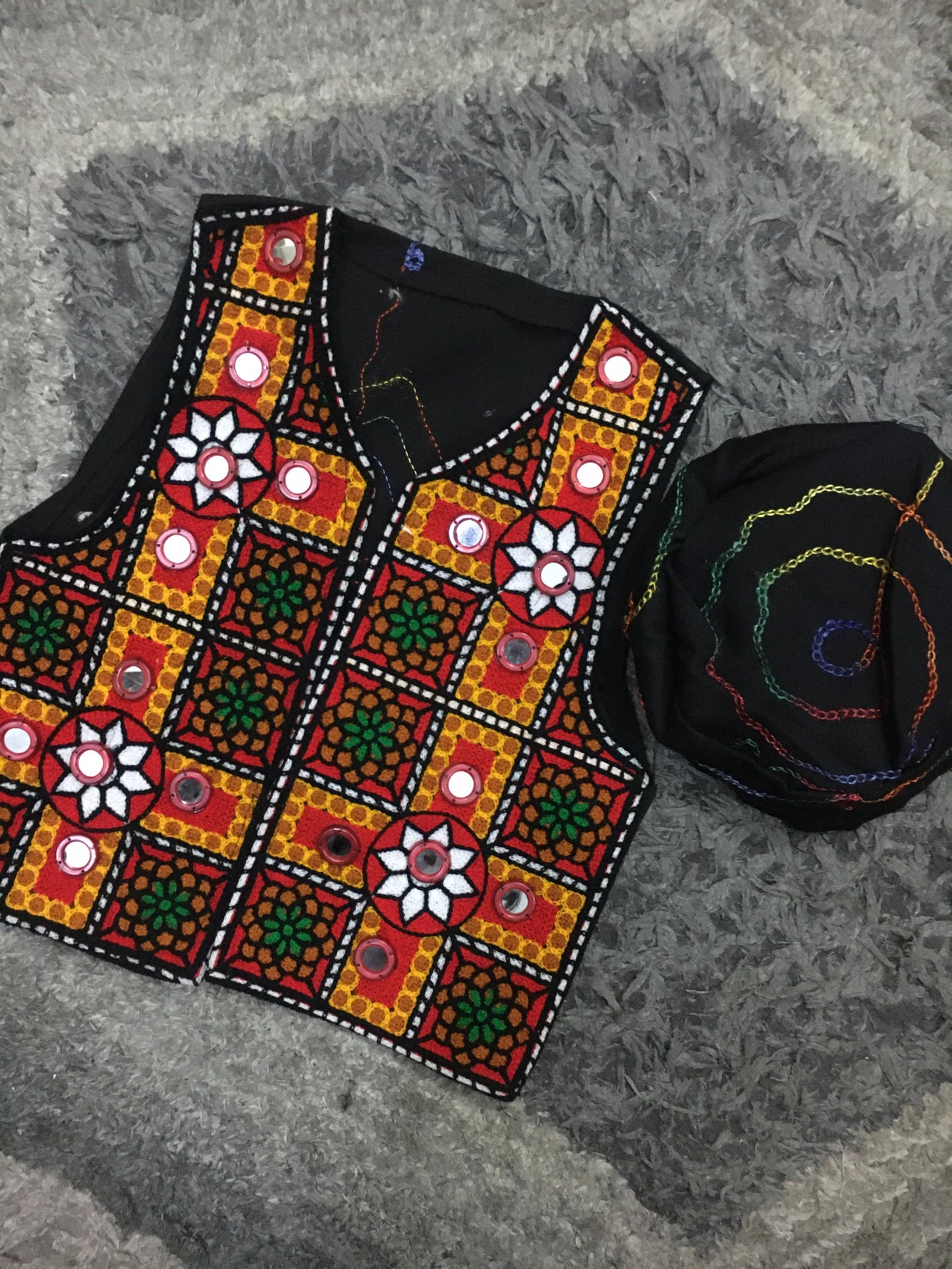 Kids Girls Boys Eid Collection 2024 Summer Balochi Waistcoat Stones Work Embroided with Cap 13-14 Inchch