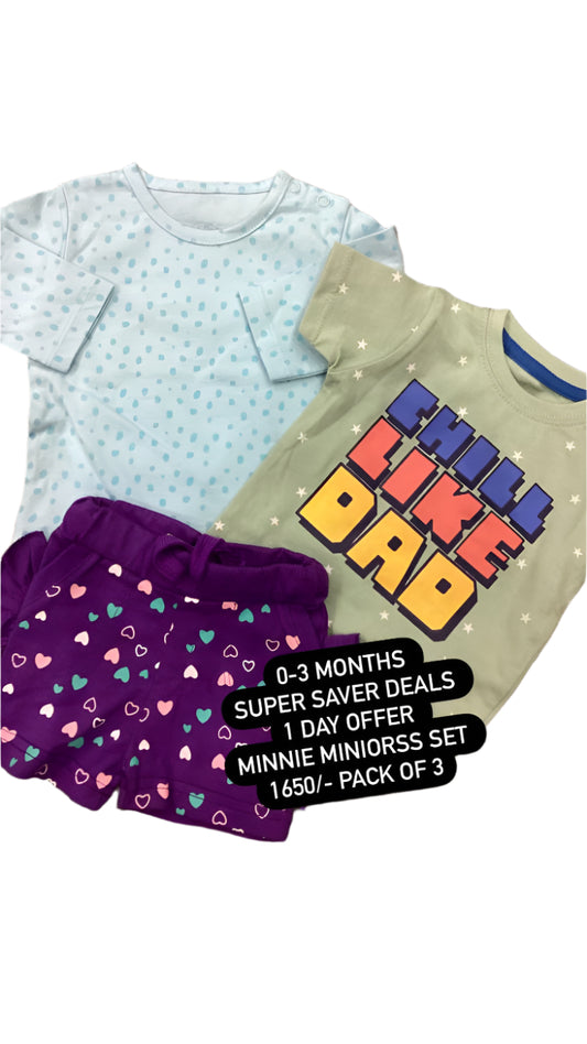 Kids Girls Sale New Arrivals Infant Original Minnie Minors Pack of 3 Shirt with Shorts