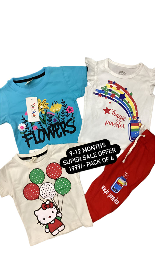 Kids Girls Summer Deal 9-12 Months Shirts and Trouser Pack of 4