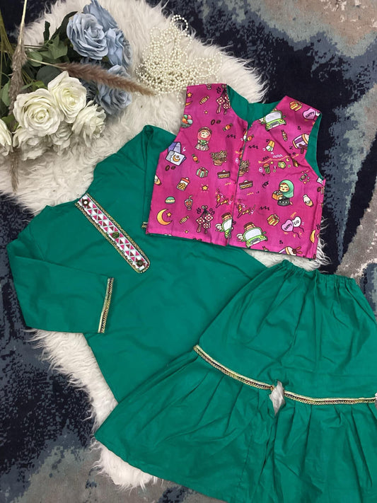 Kids Girls Ramadan and Eid Dress 3 Piece Kurta with Garara and Waistcoat (3 months to 6 Years)