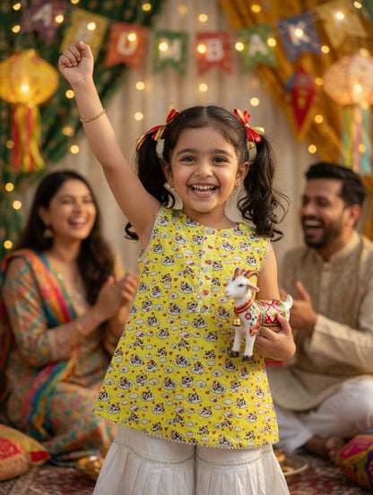 Kids Bakra Eid Collection 2026: Kids Girls 2 Piece Bakra print Lawn Suit with Gharara