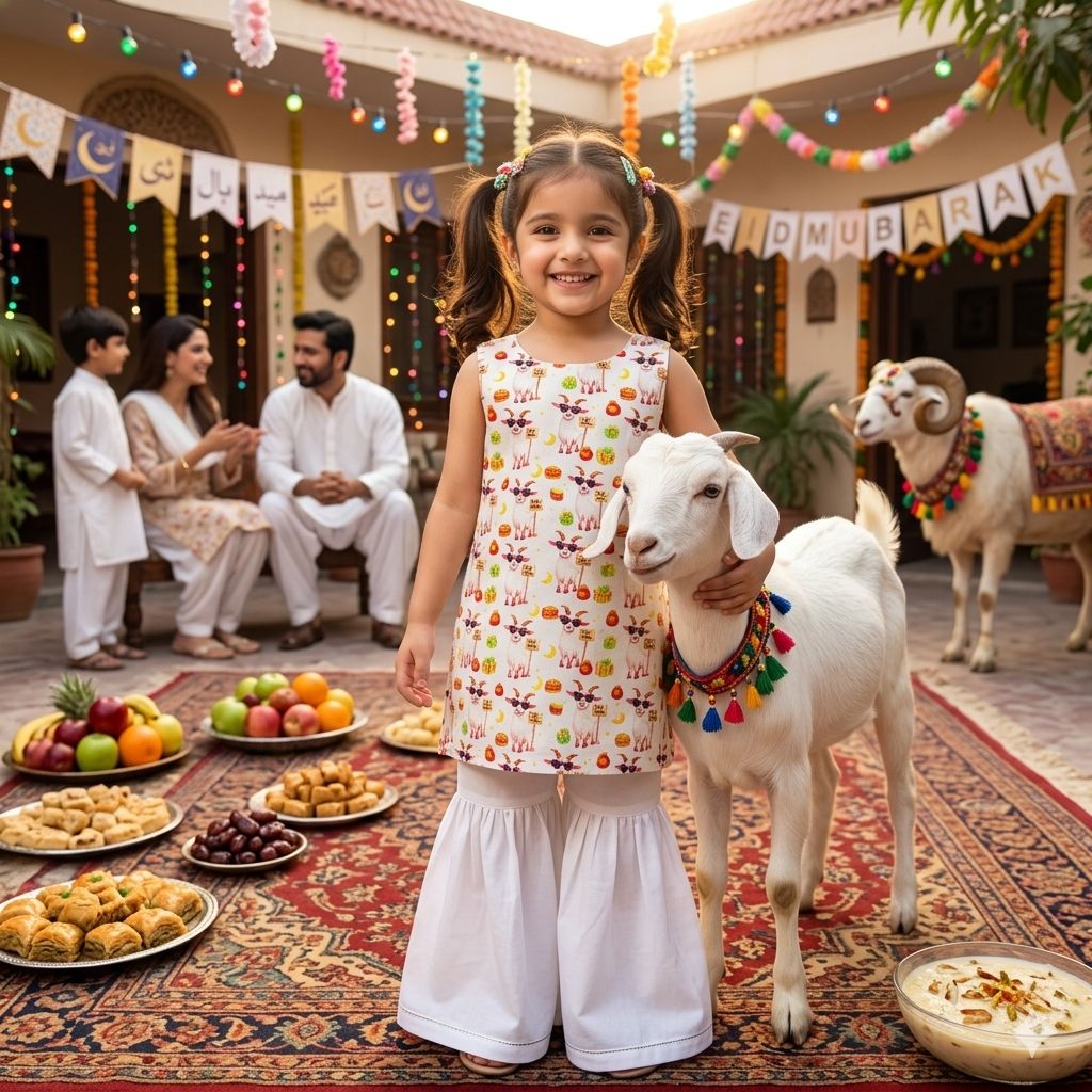 Kids Bakra Eid Collection 2026: Kids Girls 2 Piece Bakra print Lawn Suit with Gharara