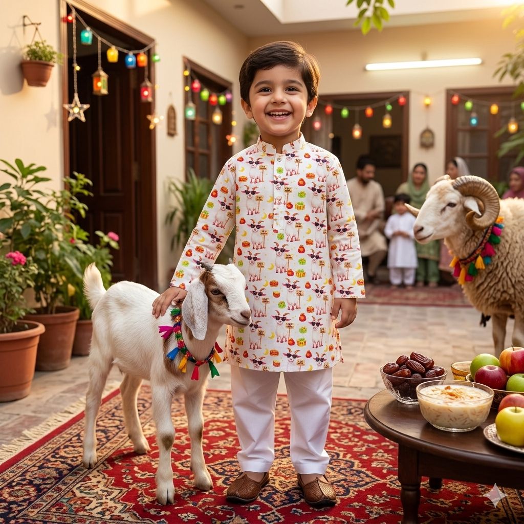 Kids Bakra Eid Collection 2026: Kids Boys 2 Piece Bakra print Lawn Suit