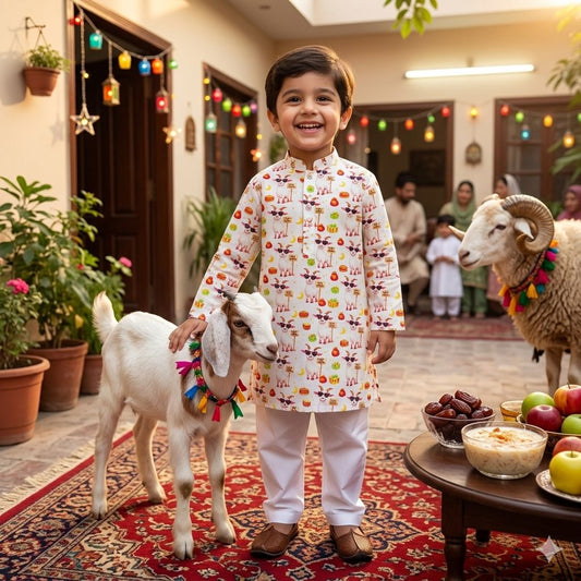 Kids Bakra Eid Collection 2026: Kids Boys 2 Piece Bakra print Lawn Suit