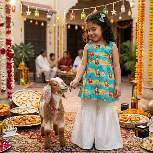 Kids Bakra Eid Collection 2026: Kids Girls 2 Piece Bakra print Lawn Suit with Gharara