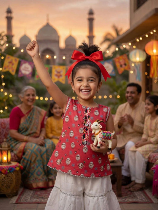 Kids Bakra Eid Collection 2026: Kids Girls 2 Piece Bakra print Lawn Suit with Gharara