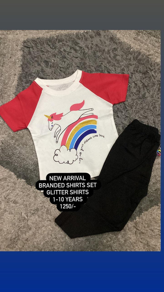 Kids Girls Summer Brande 2 Piece Set Glittery Rainbow Shirt with Tights)