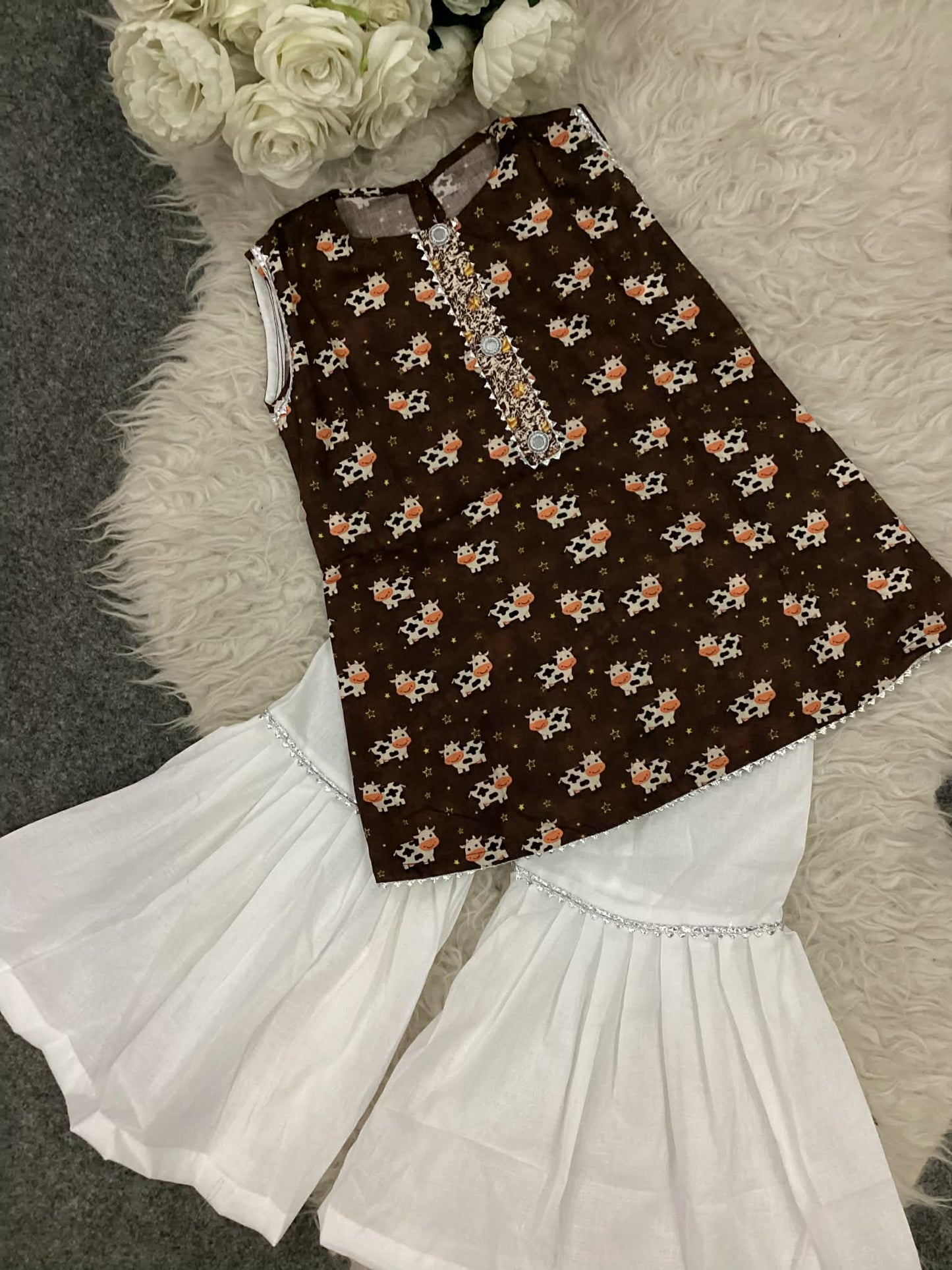 Kids Bakra Eid Collection 2026: Kids Girls 2 Piece Bakra print Lawn Suit with White Gharara