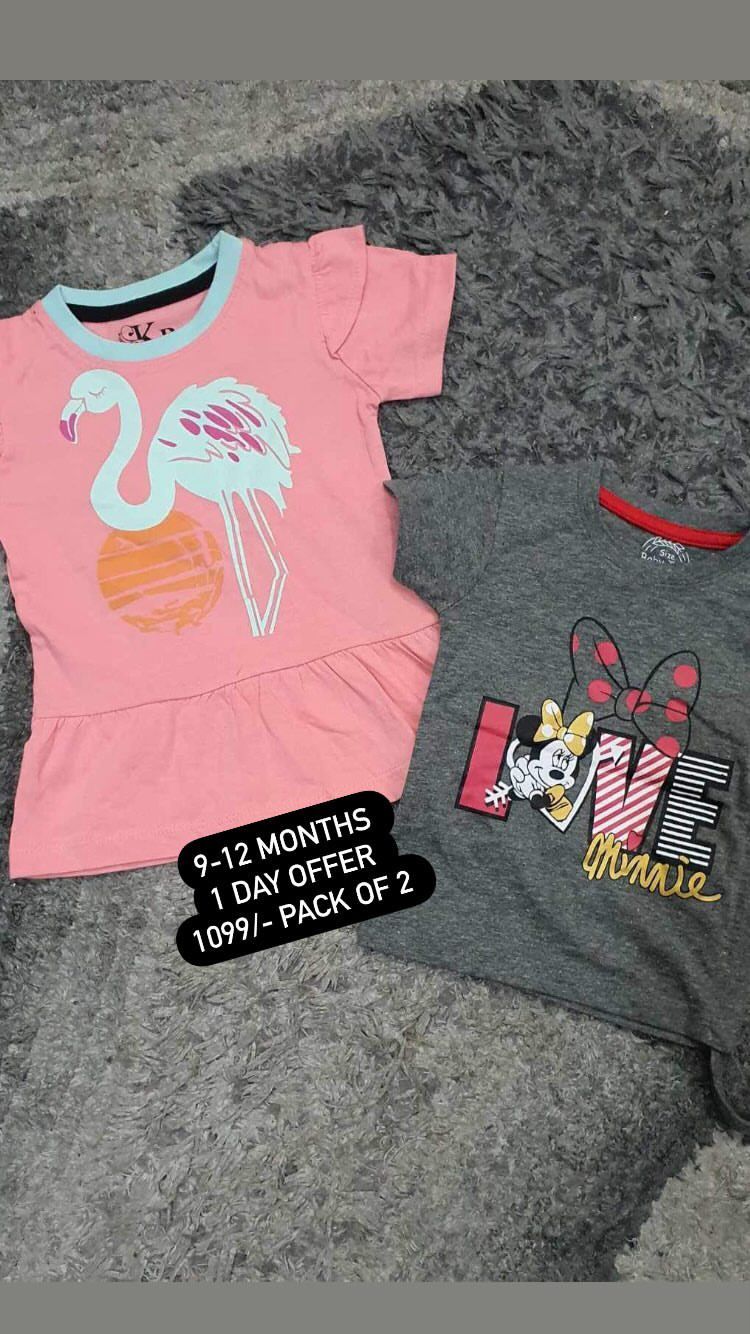 Kids Girls Summer Pack of 2 Branded Pack 9-12 Months: Pink shirt and Gray