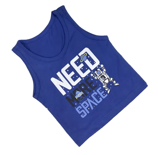 Blue tank top with 'Need More Space' text and space-themed graphics on a textured surface.