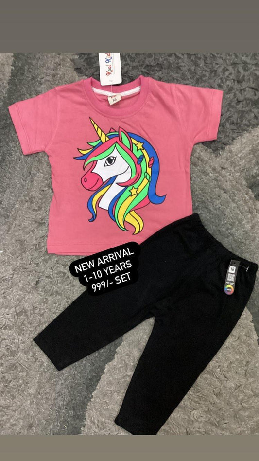 Kids Girls Original Branded Summer Collection Pink Unicorn Shirt with Black Tights