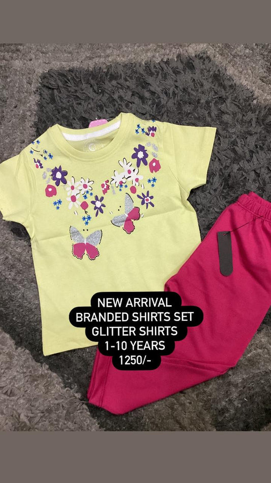 Kids Girls Summer Brande 2 Piece Set Yellow Glitter Shirt with Pink Tights