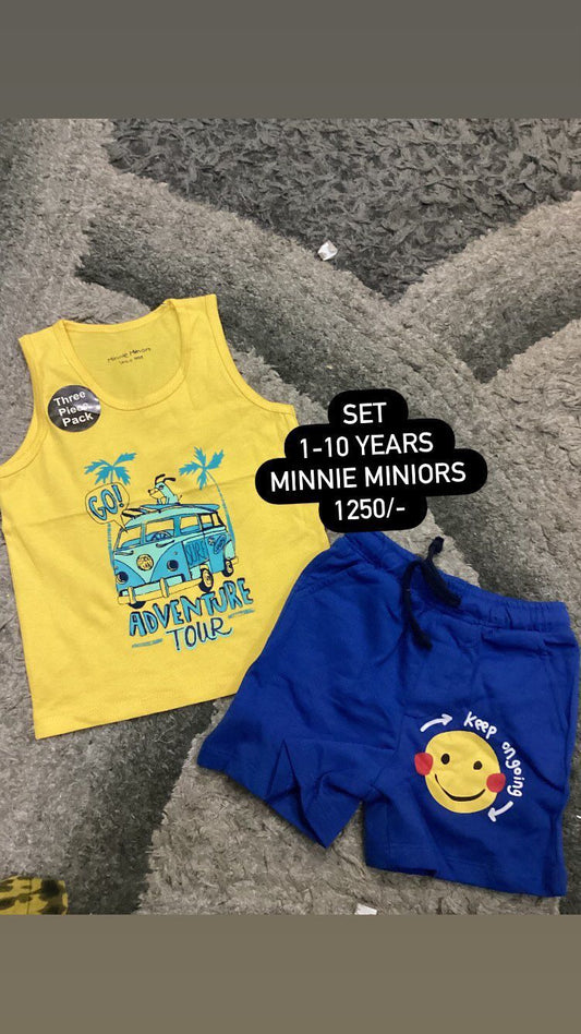 Kids Boys Summer Original Minnie Minors Set White Sando Yellow with Blue Shorts