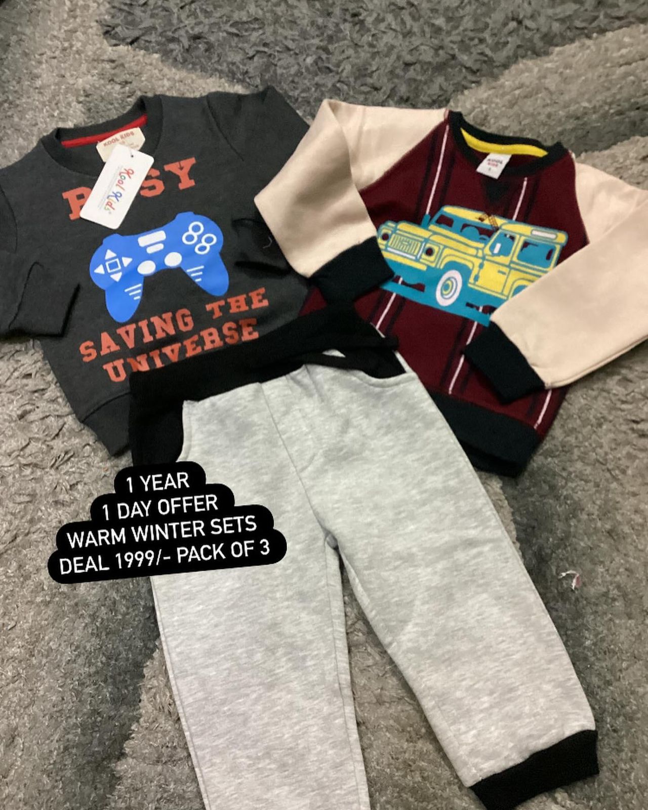 Kids Boys Winter Fleece Warm Daily Deal 1 Year Pack of 3 (2 Shirt and One Trouser)