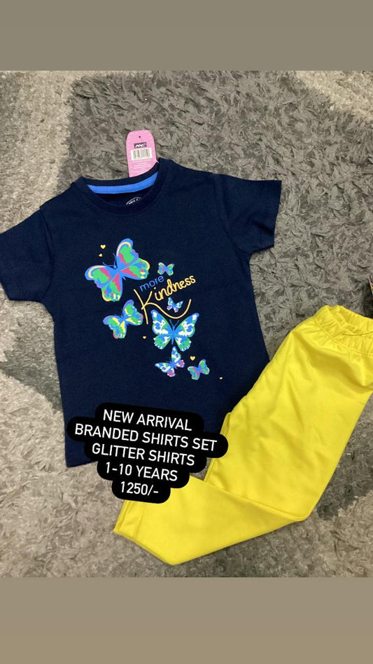 Kids Girls Summer Branded 2 Piece Set Butterfly Glitter Shirt with Yellow Tights