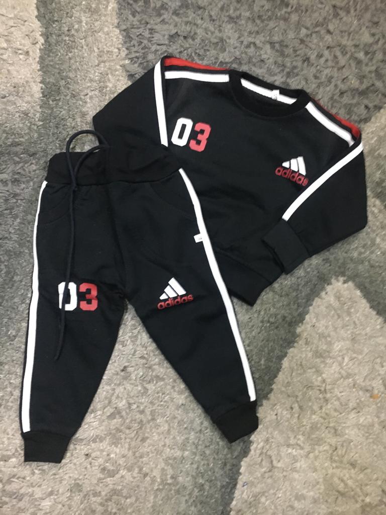 Kids Winter Gala Sale Addidas Super Quality Track Suit Shirt and Trouser Black with White Stripes