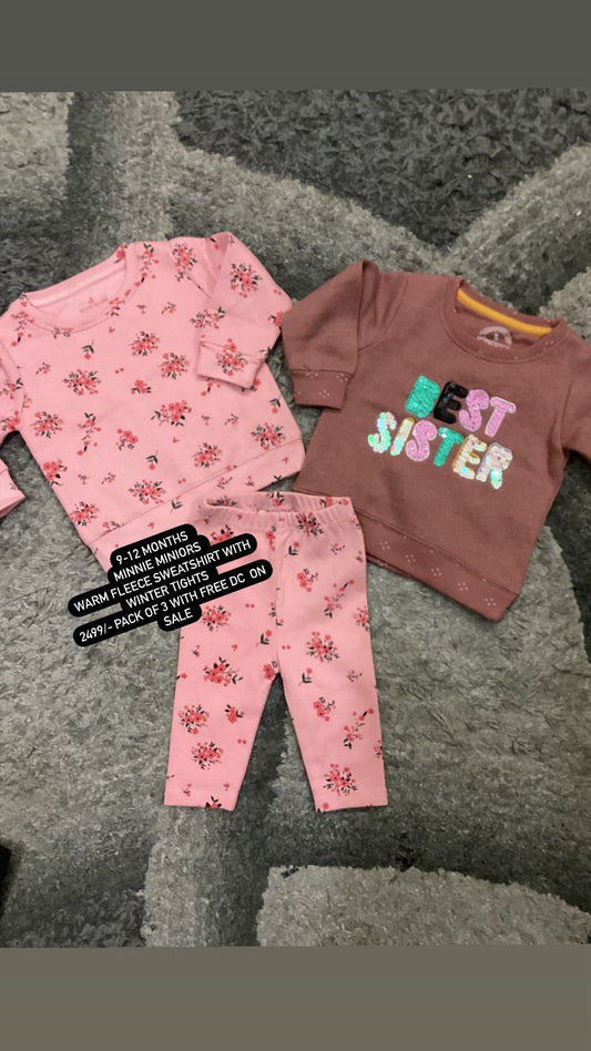 Kids Infant Girls Winter Gala Sale 9-12 Months Pack of 3: 2 Fleece Shirts with One Trouser