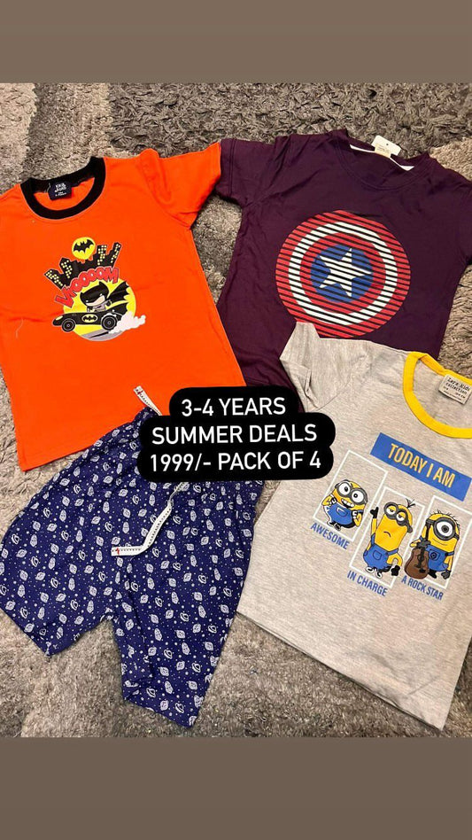 Kids Boys Summer Pack of 4 Branded Imported Shirts with One Short 3-4 Year