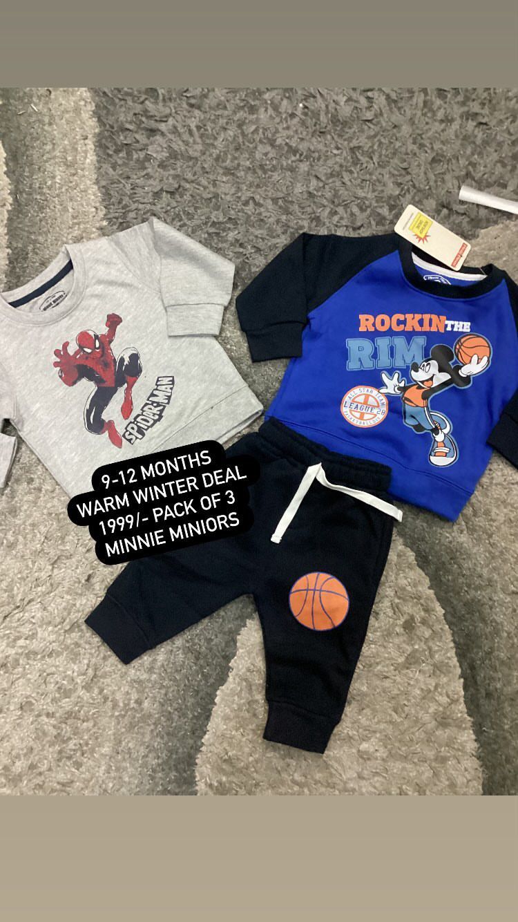 Kids Infant Boys Winter Gala Sale 9-12 Months Pack of 3: Original minnie Minors 2 Shirts One Trouser