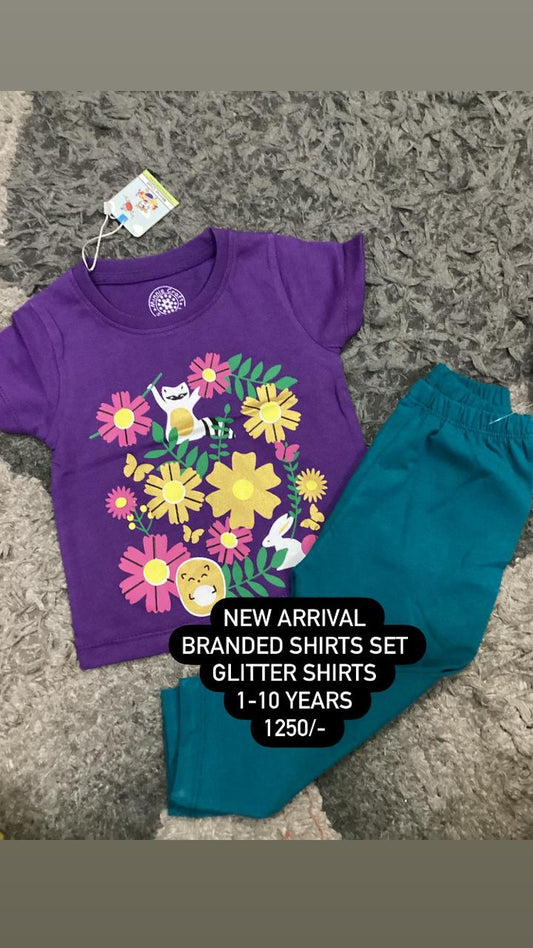 Kids Girls Summer Branded 2 Piece Set Purple combo