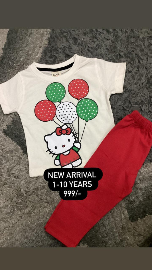 Kids Girls Summer Branded 2 Piece Set White Kitty with Red Tights