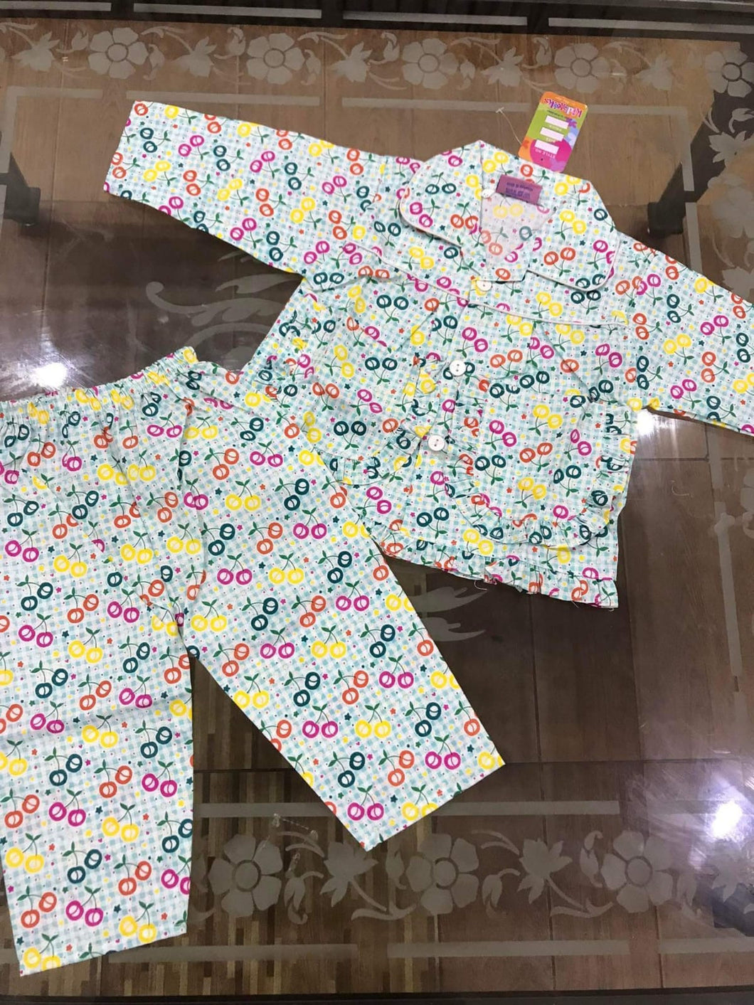 Kids Girls Boys Night Suits Collar shirt with Trouser White Cherry (1-3Yr)