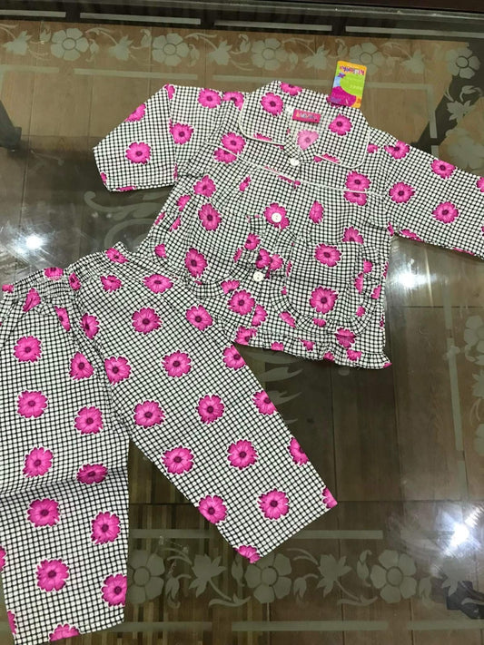 Kids Girls Boys Night Suits Collar shirt with Trouser Pink Flowers (1-3Yr)