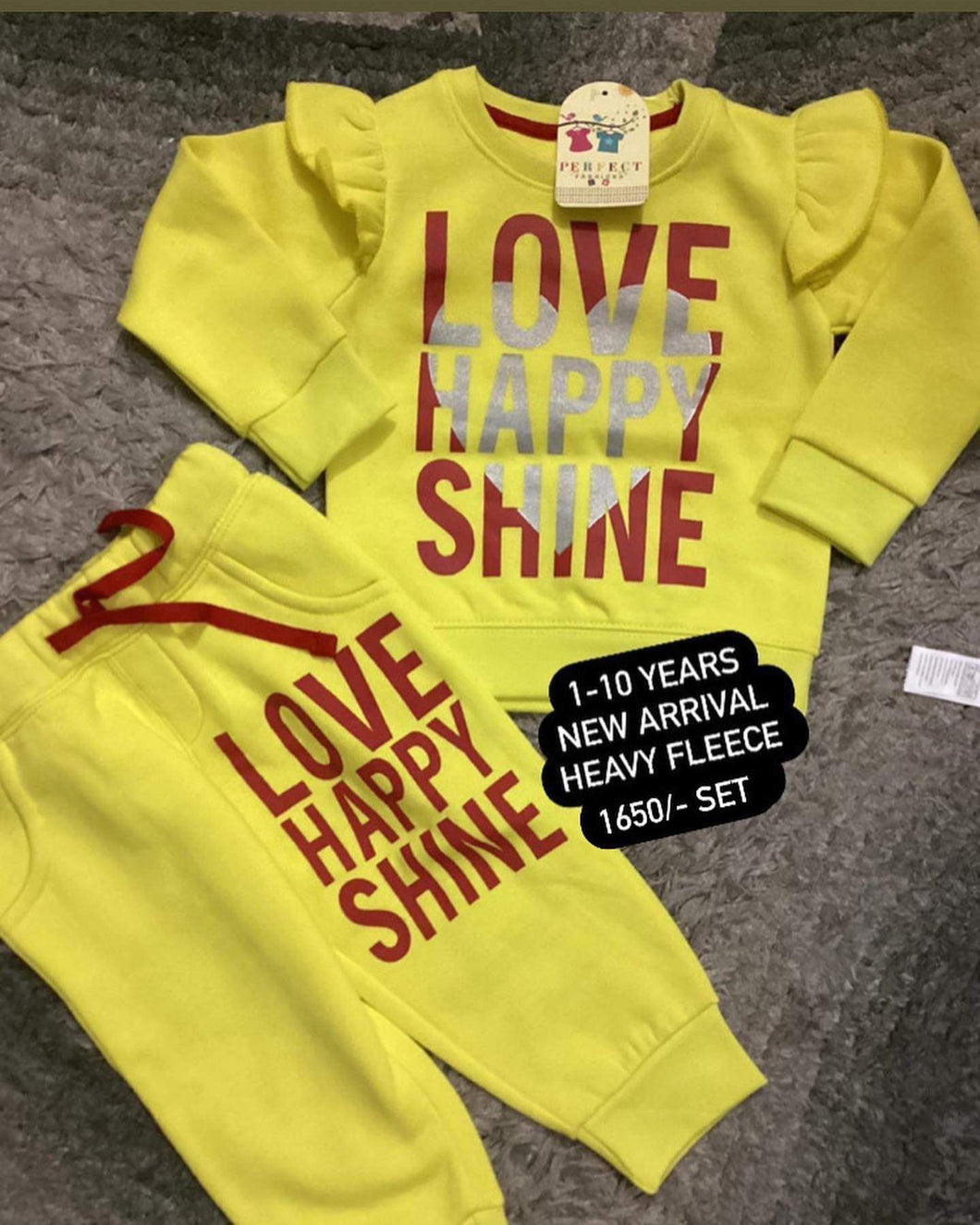 Kids Girls Fleece Warm Set Yellow Love Happy Shine