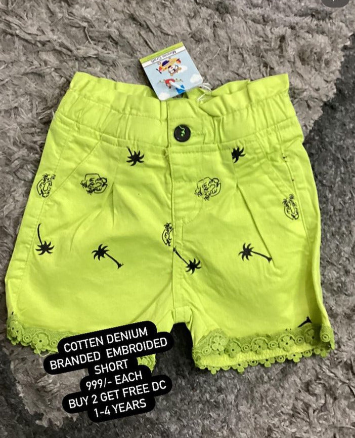 Kids Girls Eid Collection 2024  Cotton Denim Shorts Embroided