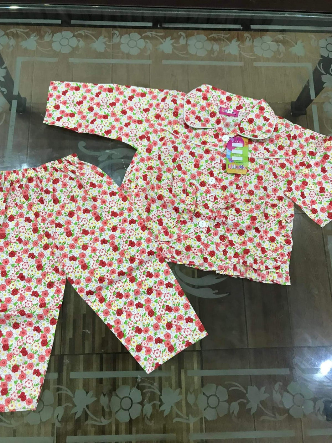 Kids Girls Boys Night Suits Collar shirt with Trouser Red Flowers (1-3Yr)